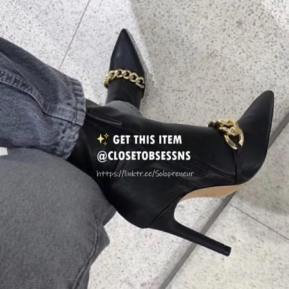 Zara Black Pointed Toe Stiletto Ankle Boots with Gold Chain